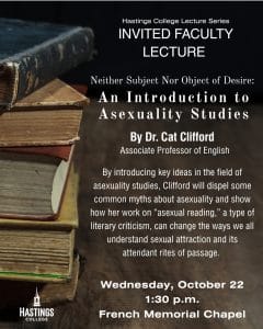 新闻 8 A poster with a picture of old books that says Dr. Cat Clifford, associate professor of English, will give an Invited Faculty Lecture titled “Neither Subject nor Object of Desire: An Introduction to Asexuality Studies” on Wednesday, October 22, at 1:30 p.m. in French Memorial Chapel.