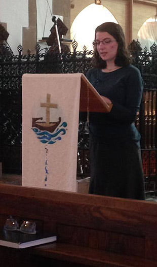 Laura Gregory '17 shares her research research about Celtic Christianity and New Monasticism with one of four church congregations included in the Penlee Cluster. gregory vertical